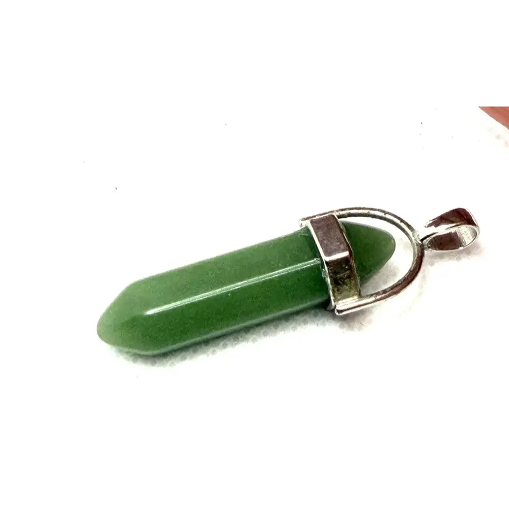 Vintage Green Aventurine Hexagonal Crystal Point Pendant Silver Tone Cap 1.5